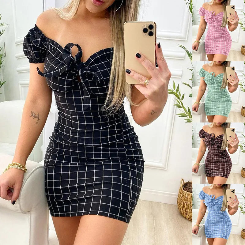 Summer dress short skirt of cross border grid print dress