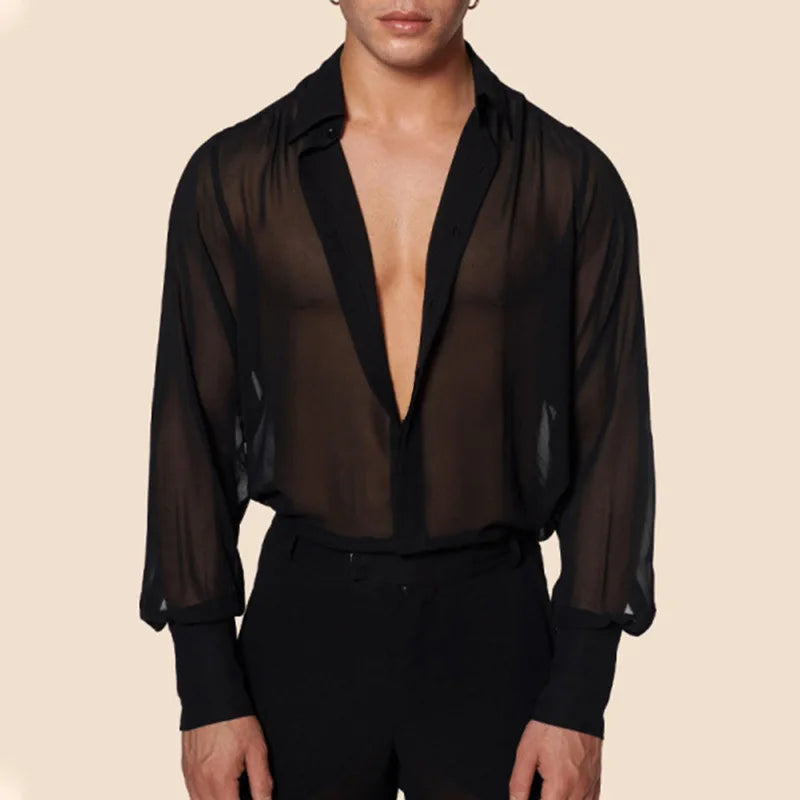 Men's Mesh See-Through Long Sleeve Shirt — Solid Color Button-Down | Vintage Streetwear Retro Party | S–3XL