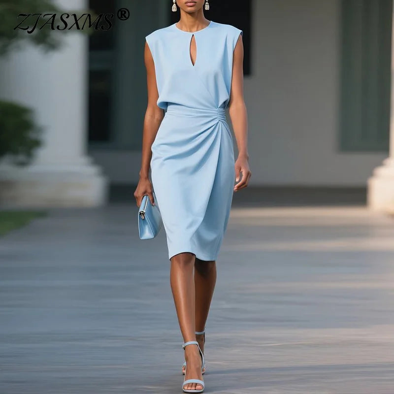 Summer Chic Sleeveless Pleated Women Dress Elegant Solid High Waist Party Vestidos Retro Hollow Out O Neck Spliced Commute Dress