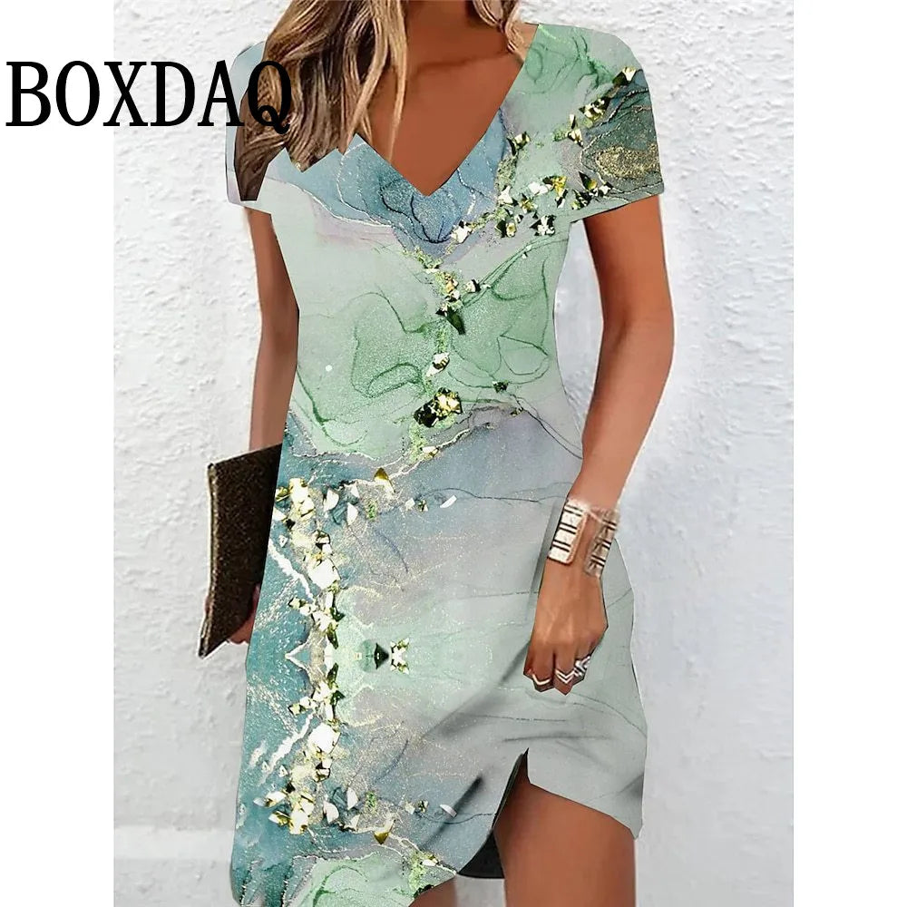 BOXDAQ V-Neck 3D Printed Tie Dye Midi Dress — Loose A-Line Casual | Summer Fashion | S–XXXL