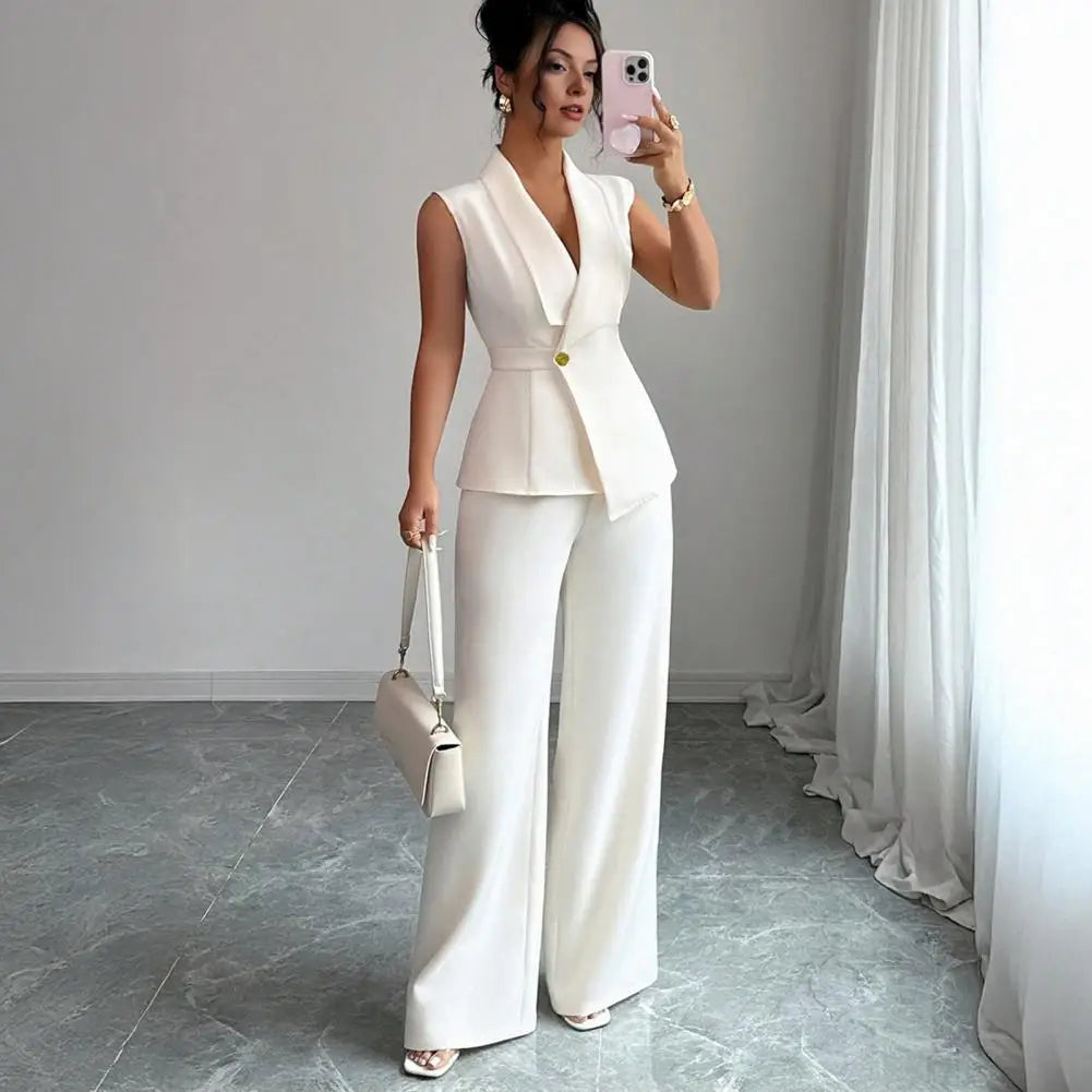 Women's Sleeveless Blazer Vest & Wide Leg Pants 2-Piece Suit Set