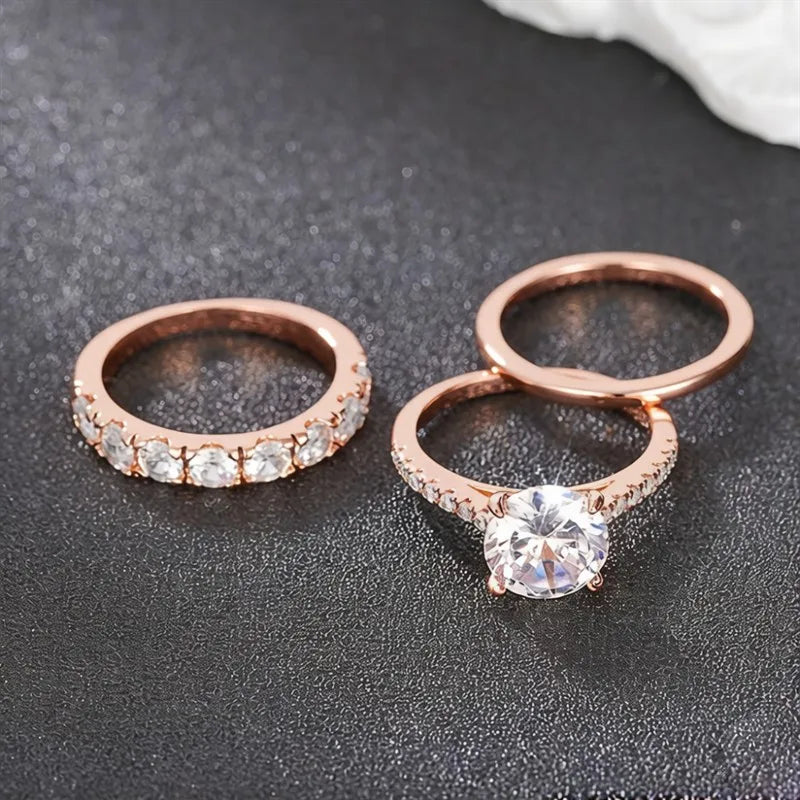 3-Piece CZ Bridal Ring Set — Stacking Engagement & Wedding Bands in Gold, White Gold or Rose Gold Tone | Sizes 5–14