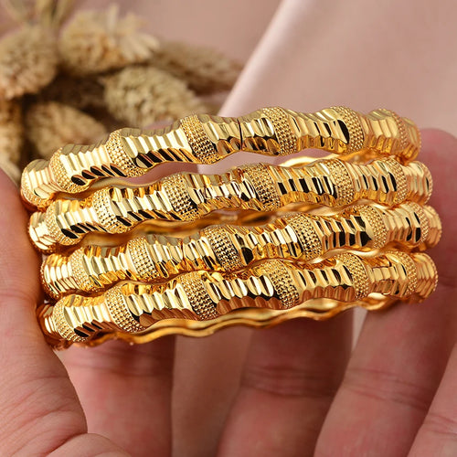 24K Gold Color Bangle Set — 4-Piece Dubai & Ethiopian Style | Good Luck Flower Bracelet | Women & Girls