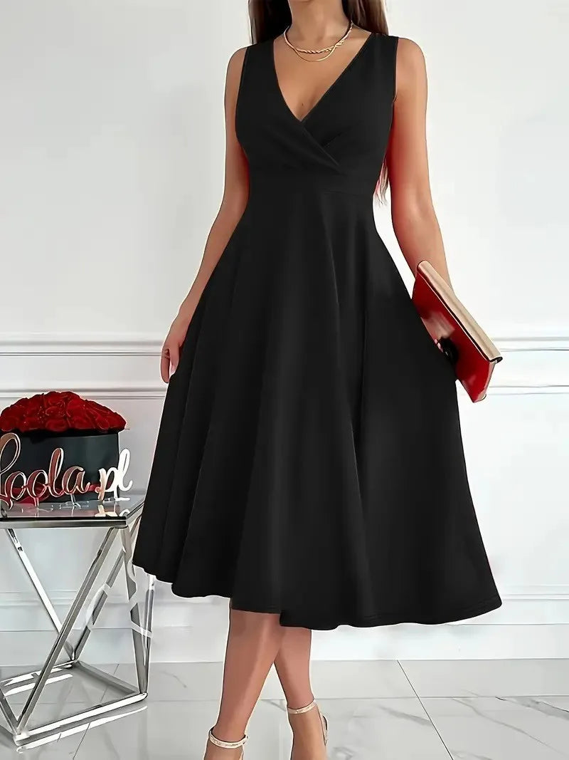 Summer Women's Dress V-neck Sleeveless Elegant Red Fashion Party Black Professional Temperament Evening Midi Skirt