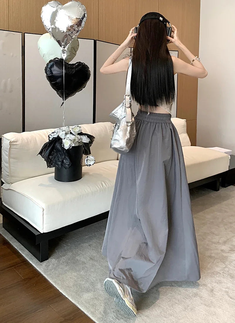 Chic Women Pockets A-Line Long Skirts Ladies Casual Loose Elastic High Waist Midi Skirt 2024 Spring Summer