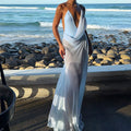 Sexy Low-cut V-neck Sleeveless Suspender Dress Elegant Mesh Patchwork Backless Long Dress Fashion Draped Solid Beach Party Dress