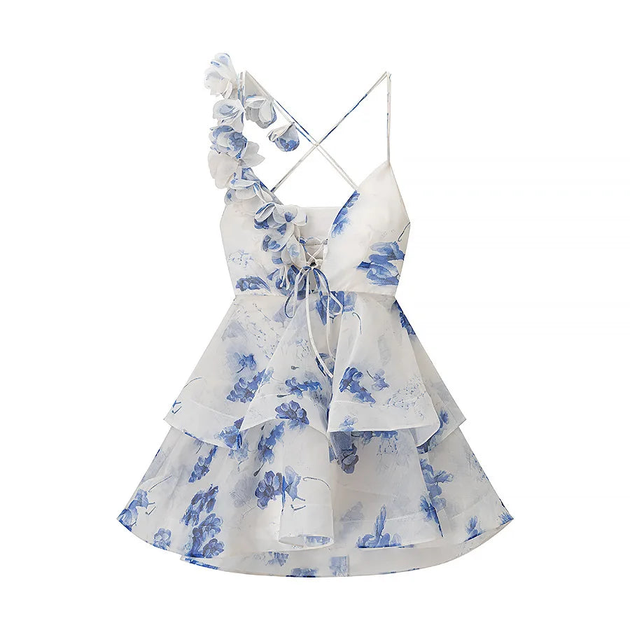 Elegant Floral Print Puff Sleeve Ball Gown Mini Dress Women 3D Flower V-neck Summer Beach Dresses Chic Holiday Evening Vestidos