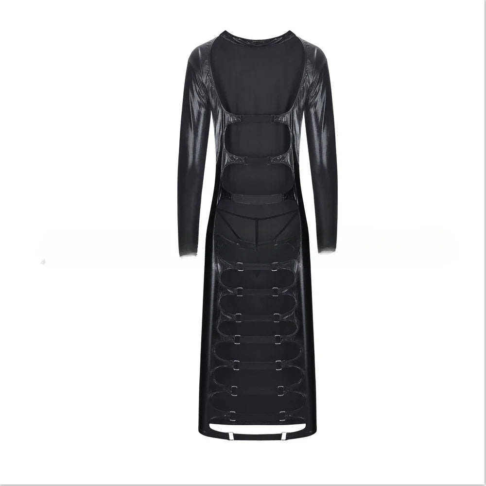 Sexy High Neck Long Sleeve Bodycon Long Pencil Dress Women Shiny PU Leather Back Hollow Out Fetish Wetlook Slim Fit Dresses