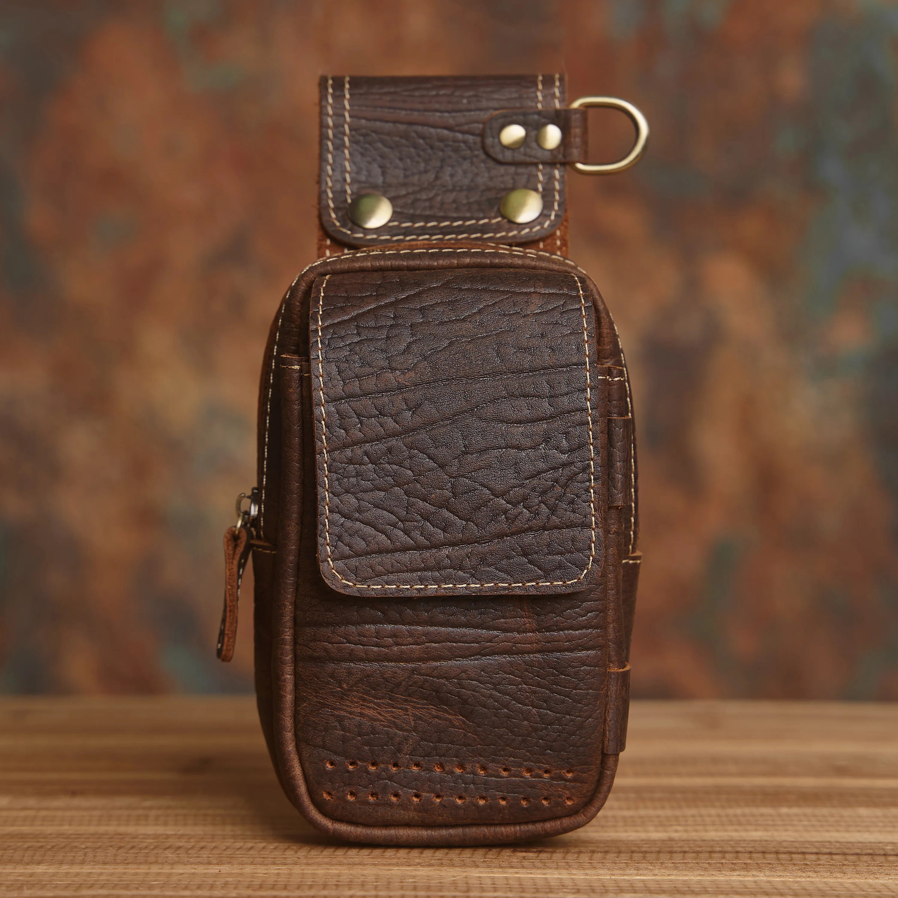 NASVA Genuine Leather Men's Waist Bag Multifunctional Mobile Phone Bag Wearable Belt Waist Bag with Key Hanging Buckle