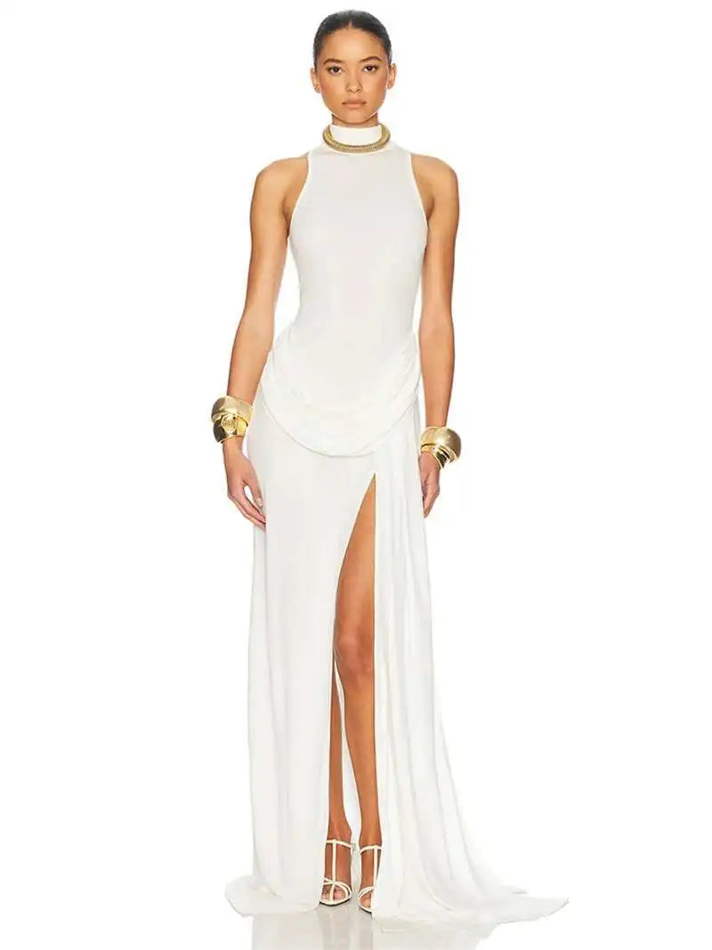Turtleneck Off-Shoulder Thigh-Split Maxi Dress