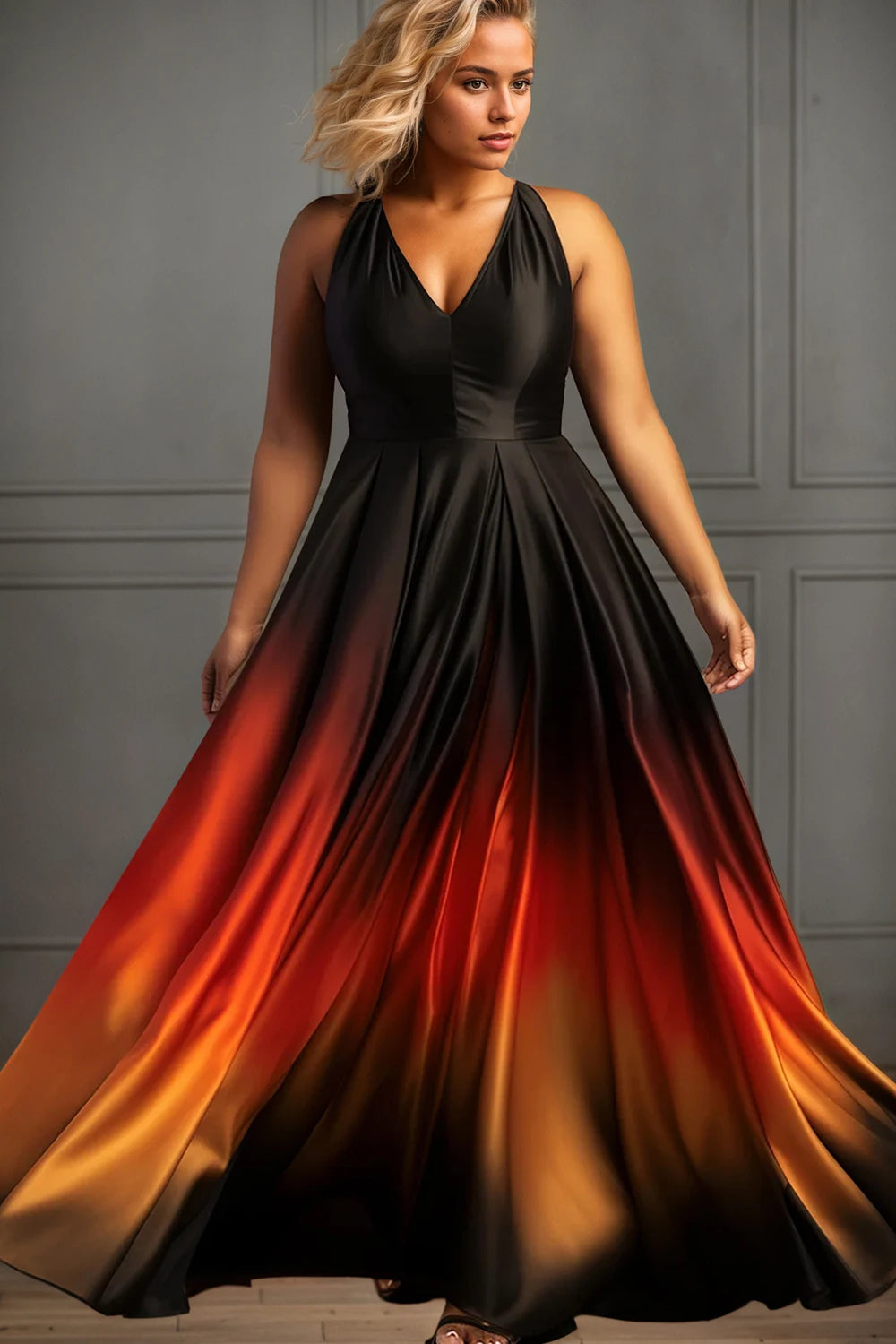 Plus Size Gradient Elegant Evening Dress for Women V Neck Pocket Satin Wedding Sundress Cocktail Wedding Guest Maxi Dresses