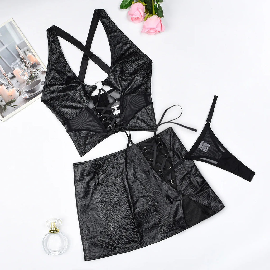 Faux Leather 2-Piece Mini Skirt Set | Lace-Up Cross Bra Top