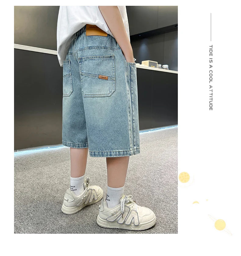 Boys Denim Shorts Teen Boys Casual Knee-Length Jeans Teenage Child Blue Denim With Y2K Fashion Style Trousers Toddler Ages 4-14Y