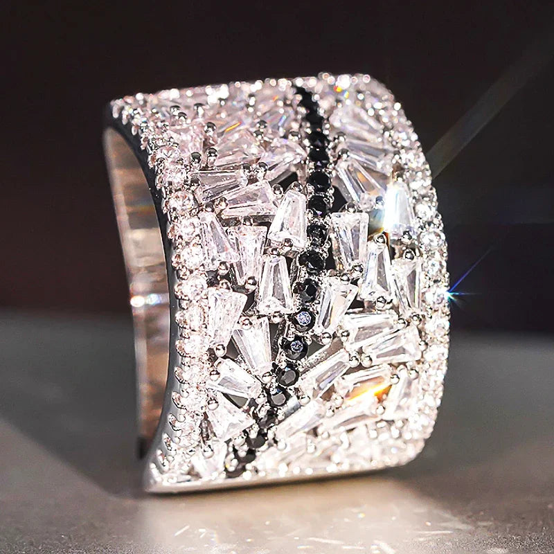 Huitan Geometric Black Cubic Zirconia Cocktail Ring