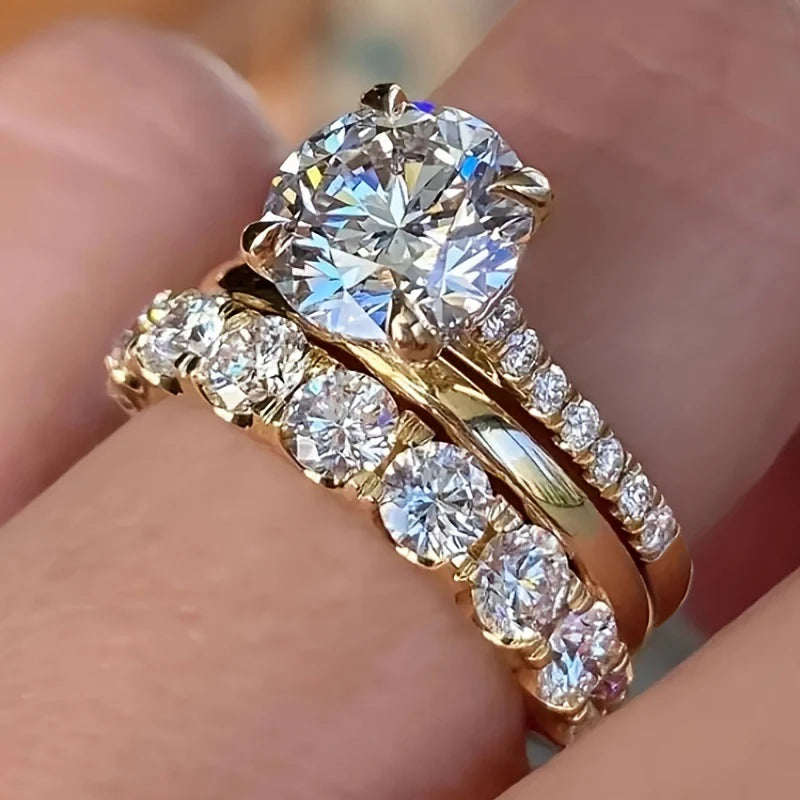3-Piece CZ Bridal Ring Set — Stacking Engagement & Wedding Bands in Gold, White Gold or Rose Gold Tone | Sizes 5–14