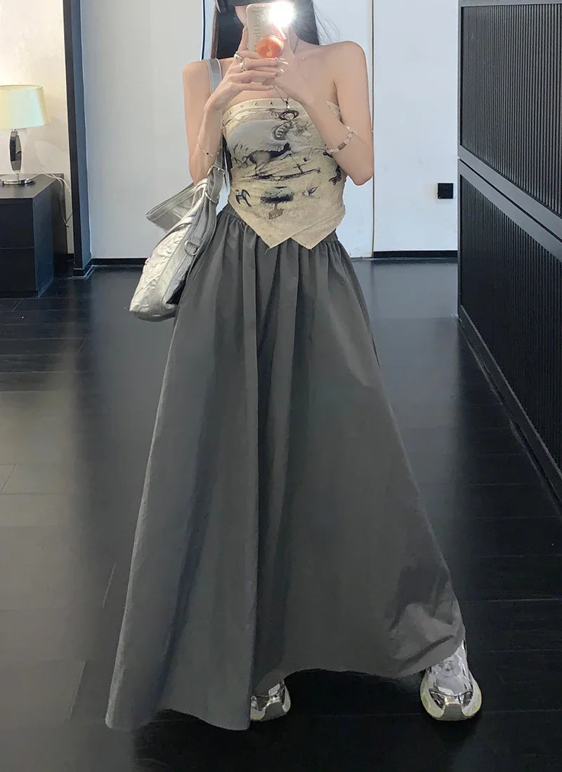 Chic Women Pockets A-Line Long Skirts Ladies Casual Loose Elastic High Waist Midi Skirt 2024 Spring Summer