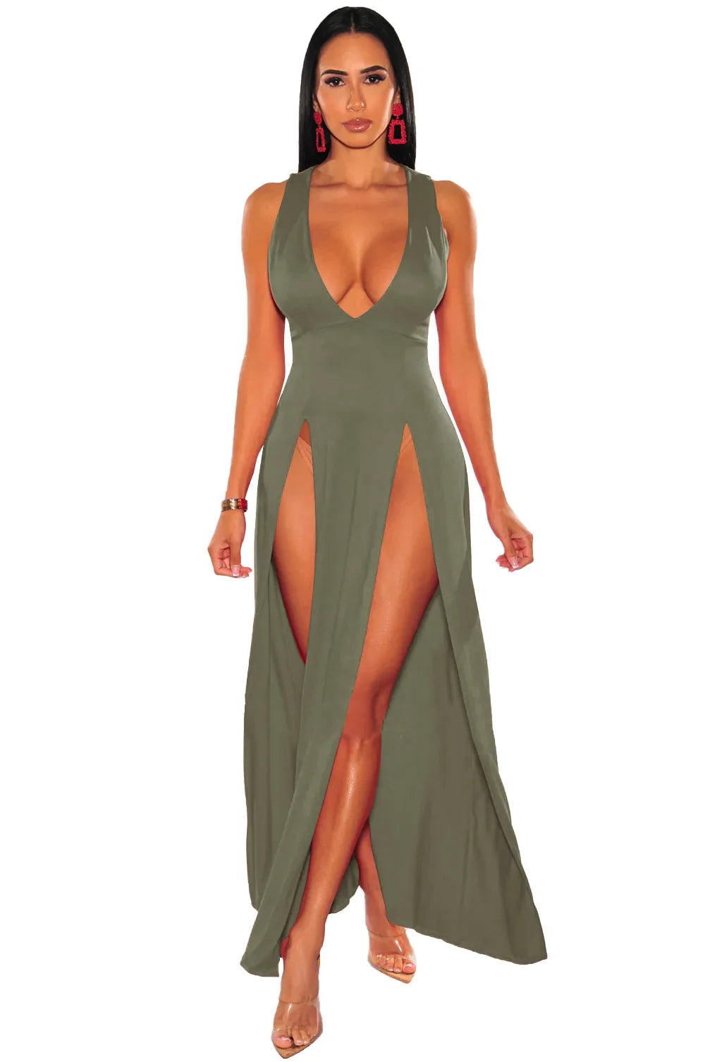 Sleeveless V-Neck Midi Dress – Slim-Fit A-Line Silhouette