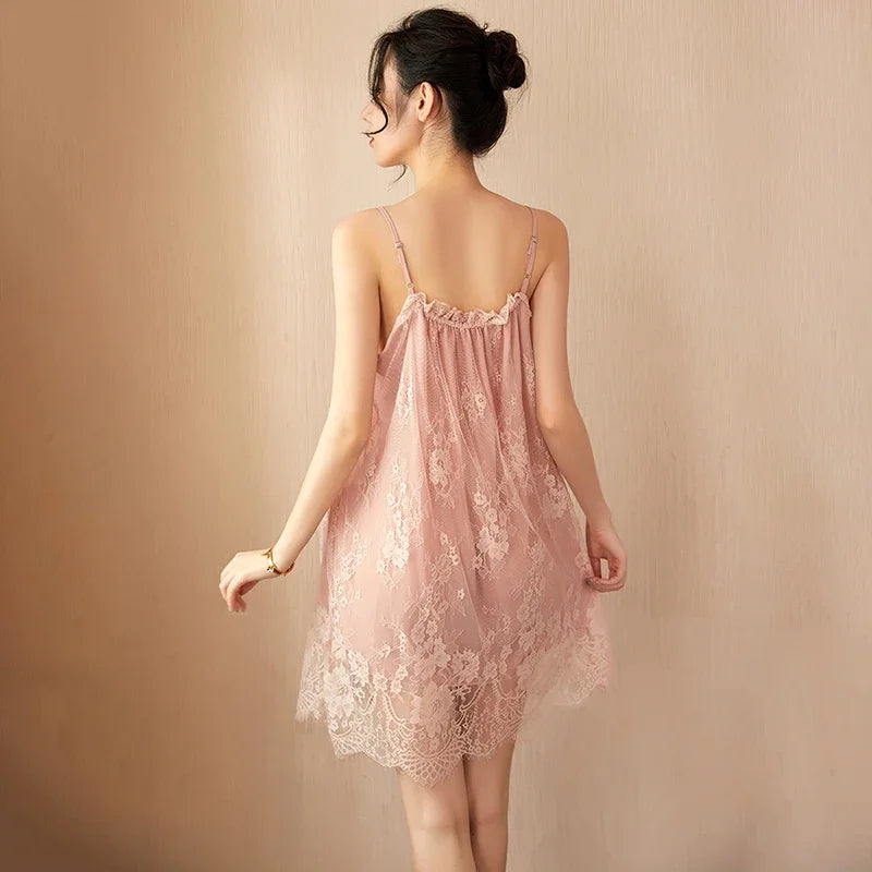 Women's Lace Trim Sling Nightdress – Sleeveless Satin-Feel Sleepwear Mini Dress