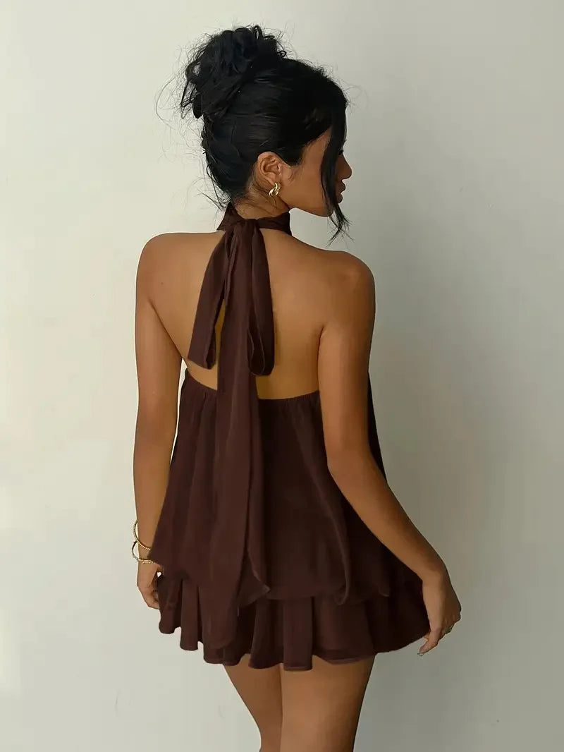 Women's Sleeveless Backless A-Line Mini Dress – Elegant Halter Party Dress