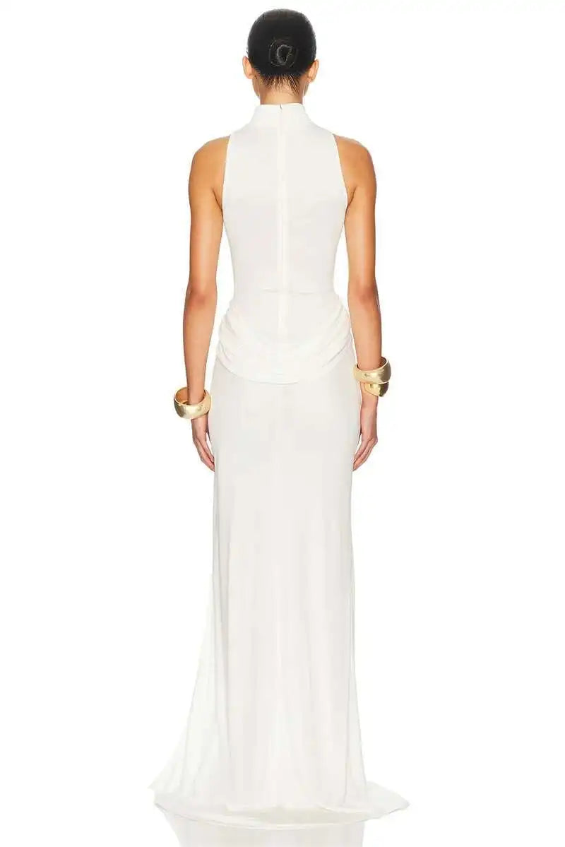 Turtleneck Off-Shoulder Thigh-Split Maxi Dress