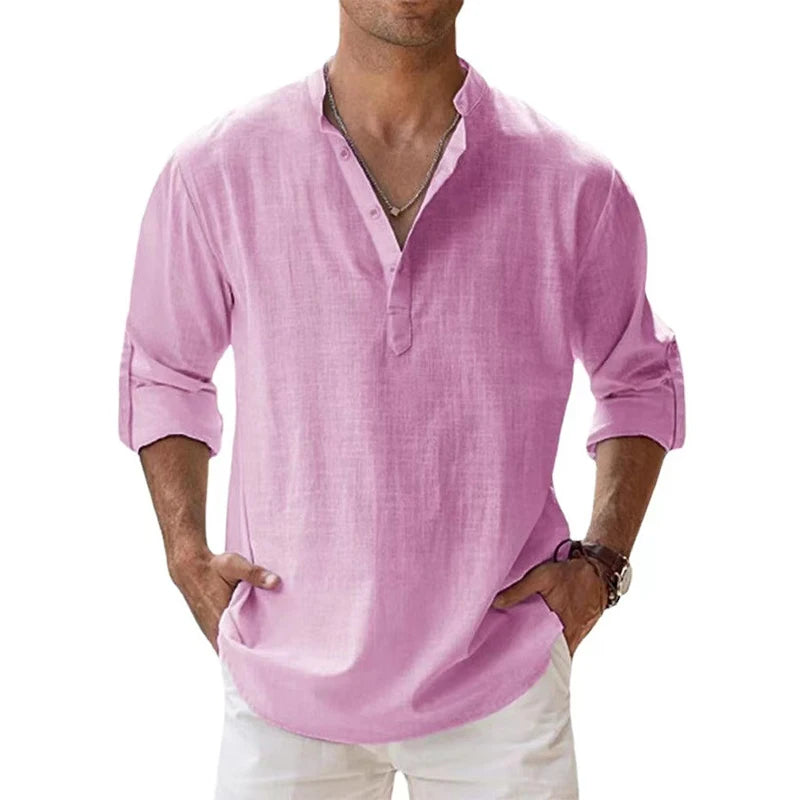 Animal Game Men's Cotton Linen Henley Beach Shirt — Lightweight Long Sleeve Casual Hawaiian Tee | All Season | 7 Colors | S–5XL