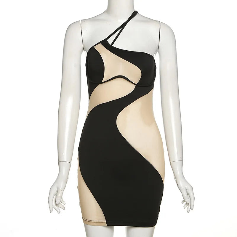платье женское y2k Sexy One Shoulder Sleeveless Slip Dress Paneled Translucent Gauze Mini Dress dresses for women party