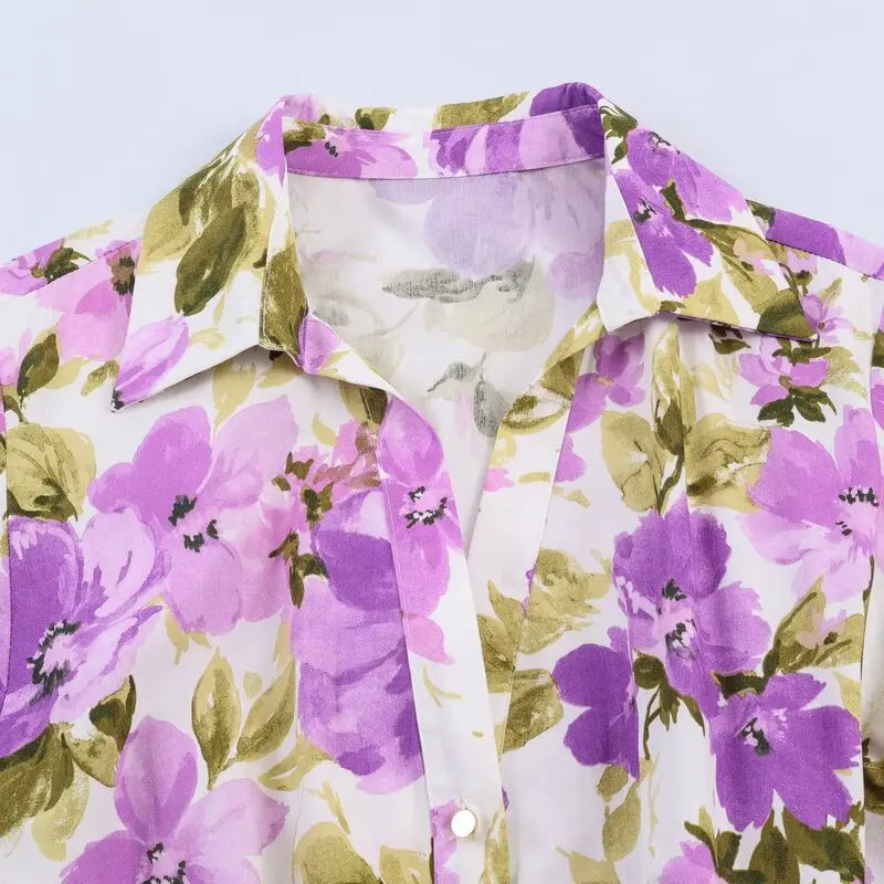 Floral Print Midi Dress with Belt Spring Summer New Style Women's Clothing Commute Style Short Sleeve Turn-down Collar A-line