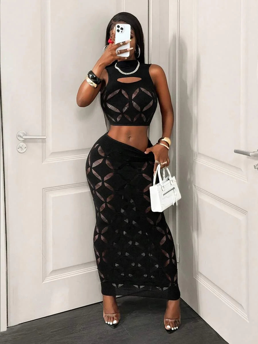 Sheer Mesh Crop Top & Bodycon Mini Skirt Set