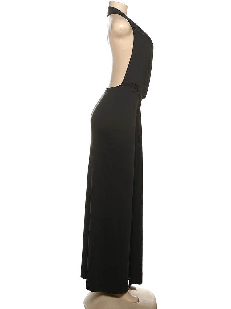 Halter Deep V Ruched High-Split Maxi Dress