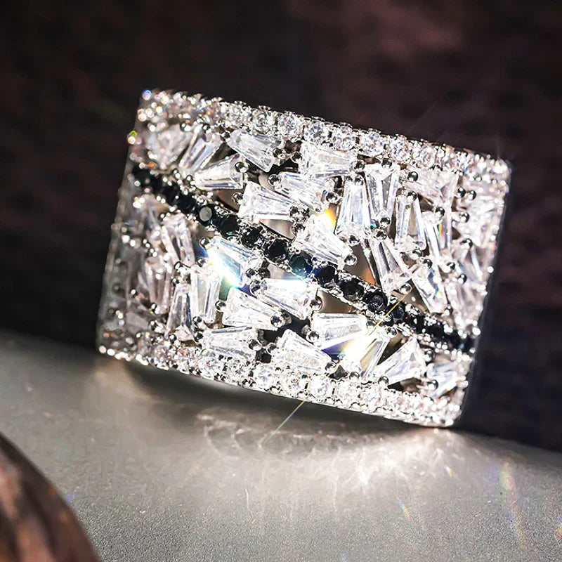 Huitan Geometric Black Cubic Zirconia Cocktail Ring