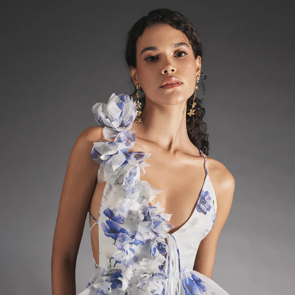 Elegant Floral Print Puff Sleeve Ball Gown Mini Dress Women 3D Flower V-neck Summer Beach Dresses Chic Holiday Evening Vestidos