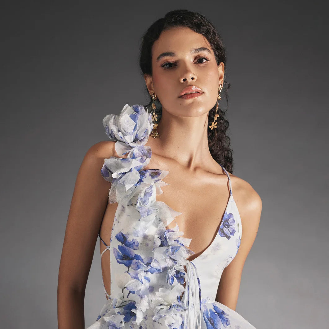 Elegant Floral Print Puff Sleeve Ball Gown Mini Dress Women 3D Flower V-neck Summer Beach Dresses Chic Holiday Evening Vestidos