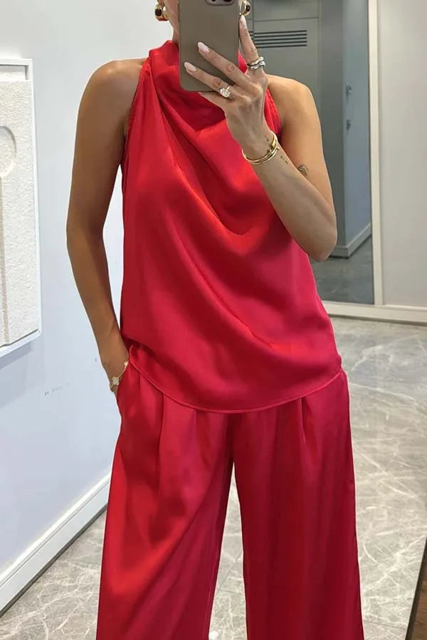 Women's Sleeveless Satin Top & Straight Pants 2-Piece Set – Chic Commuter Suit