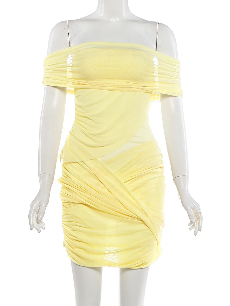 Kliou Sexy See Through Mini Dress Woman Slash Neck Backless Skinny Peach Buttocks Hot Girls Midnight Club Party Hipster Bodycon