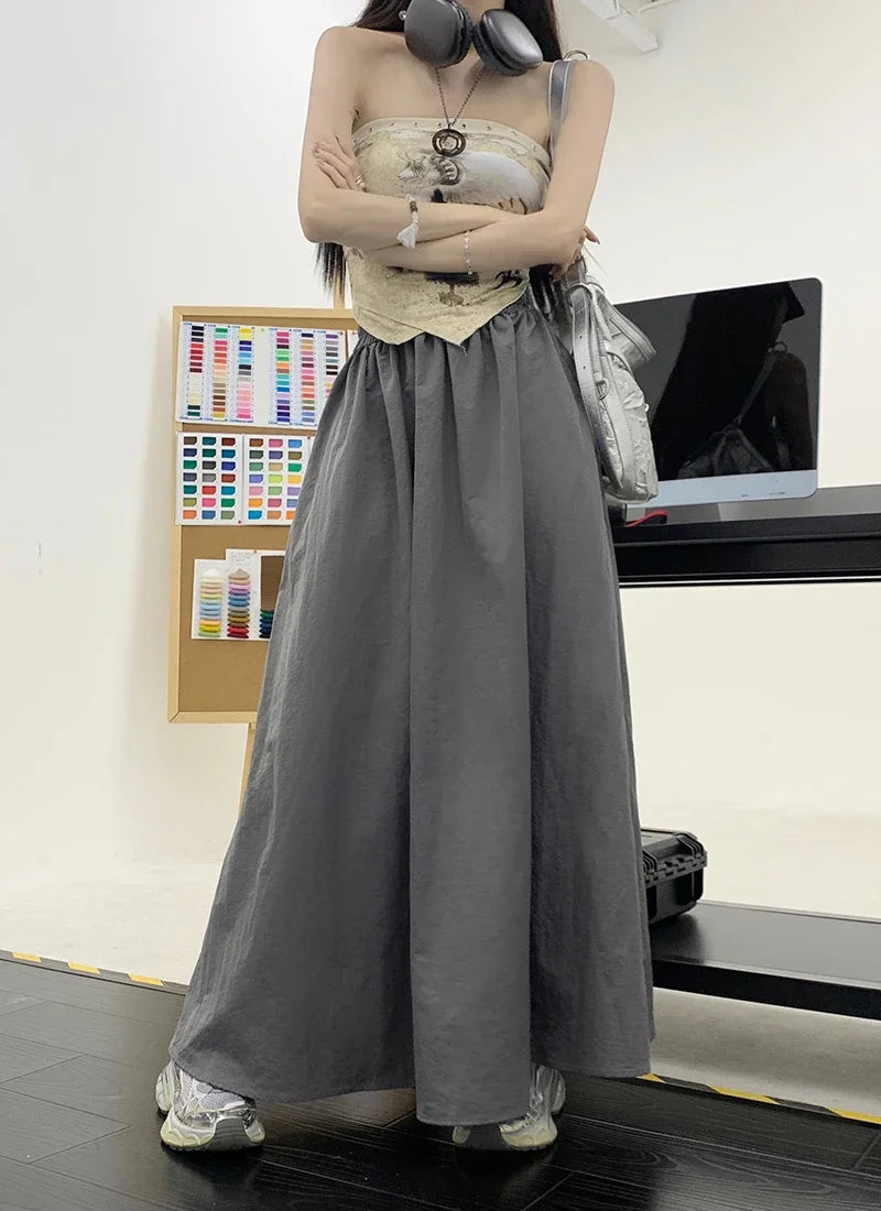 Chic Women Pockets A-Line Long Skirts Ladies Casual Loose Elastic High Waist Midi Skirt 2024 Spring Summer