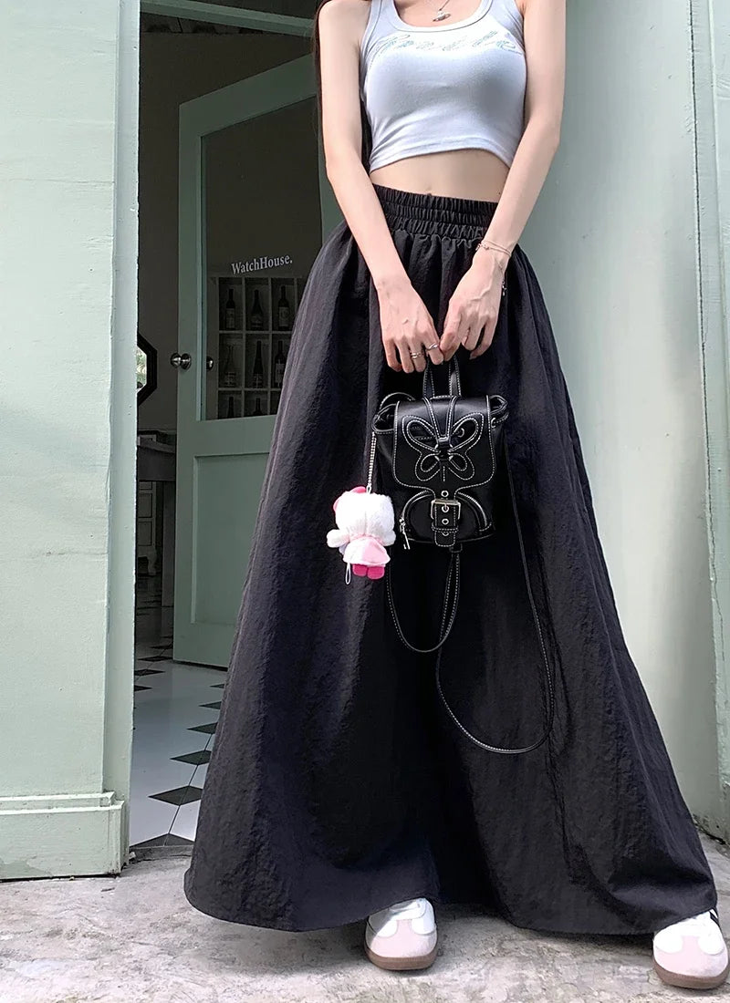 Chic Women Pockets A-Line Long Skirts Ladies Casual Loose Elastic High Waist Midi Skirt 2024 Spring Summer