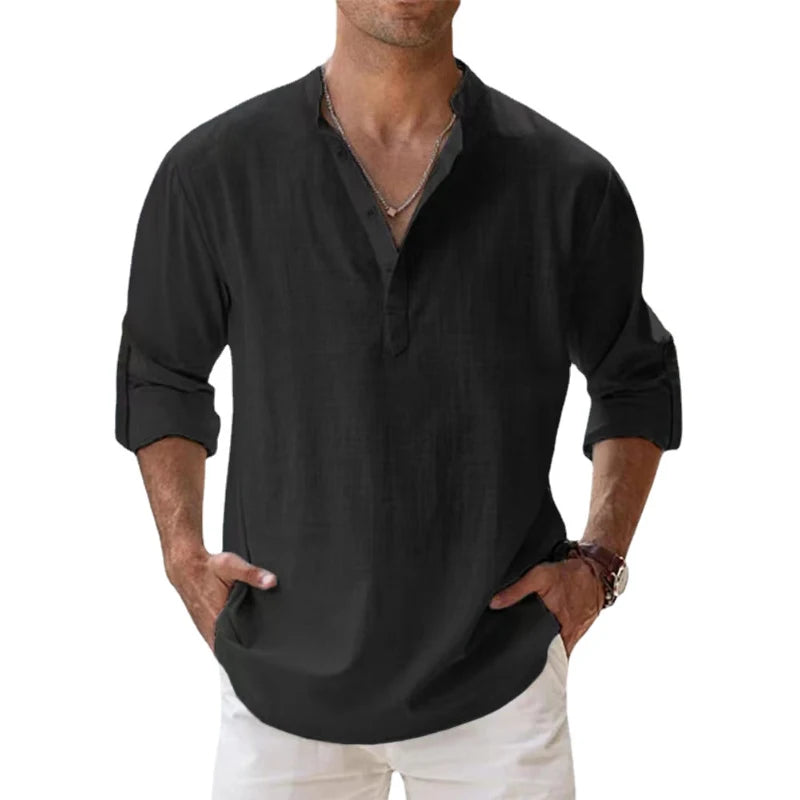 Animal Game Men's Cotton Linen Henley Beach Shirt — Lightweight Long Sleeve Casual Hawaiian Tee | All Season | 7 Colors | S–5XL