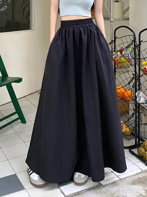 A-Line Midi Skirt with Pockets — Elastic High Waist Loose Casual | Spring Summer | Black Gray Green | S–L