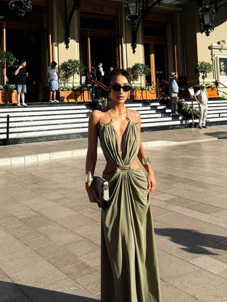 Metal Trim Spaghetti Strap Backless Maxi Dress