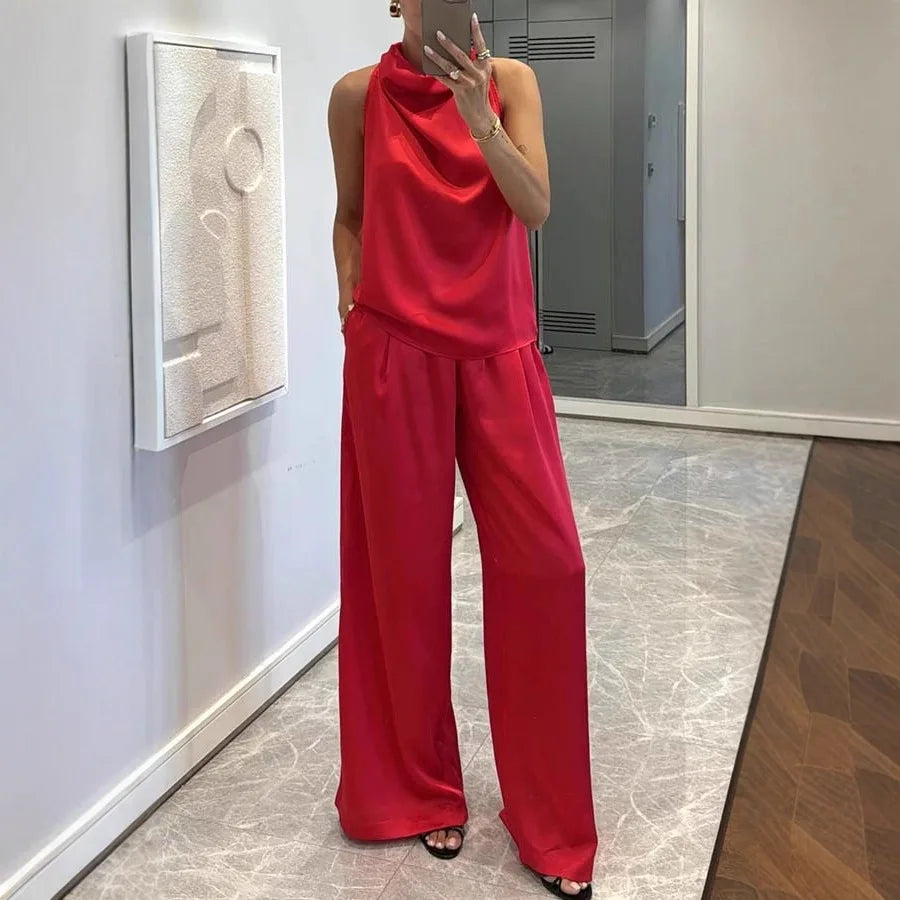Women's Sleeveless Satin Top & Straight Pants 2-Piece Set – Chic Commuter Suit