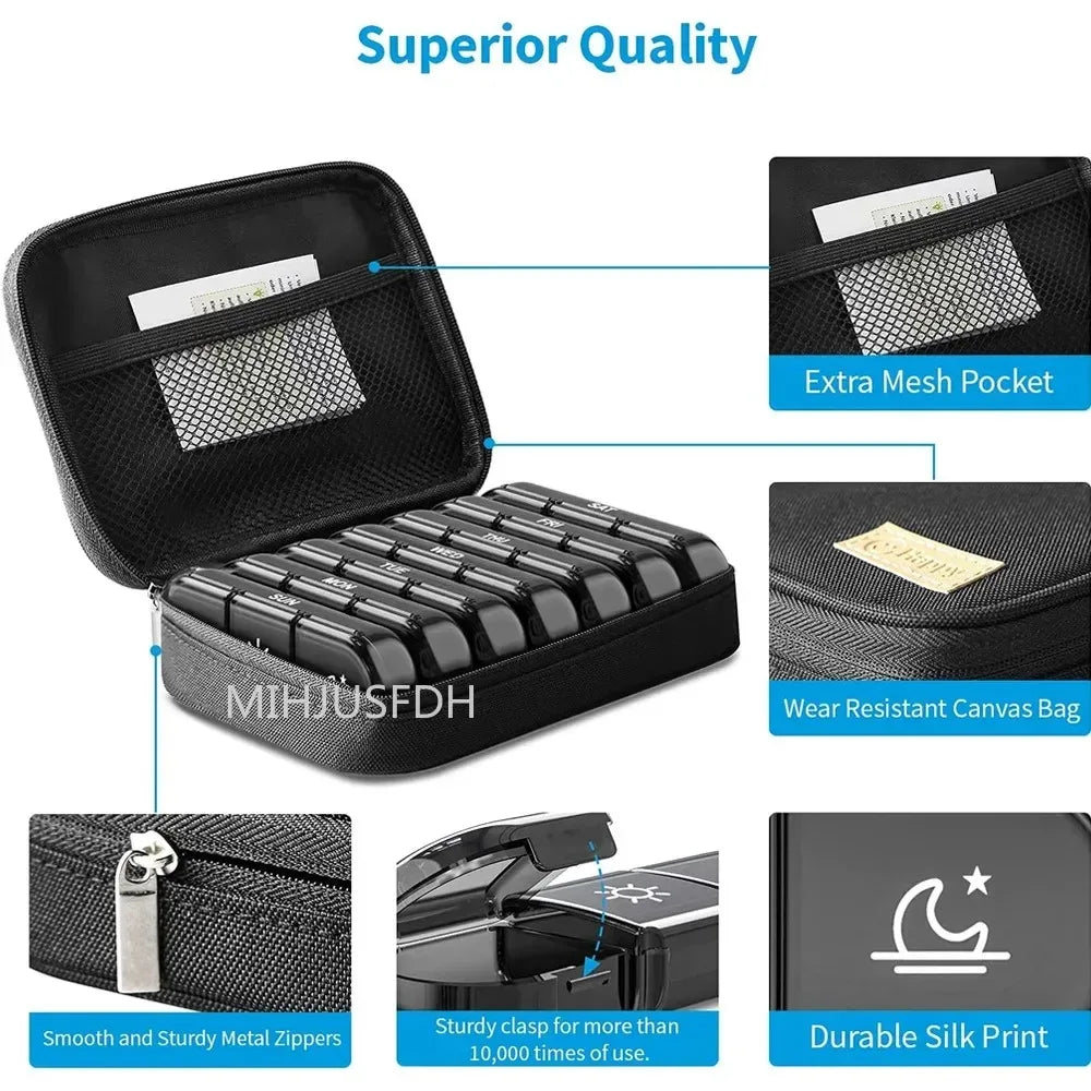 7 Day Weekly Pill Organizer 28 Grids 4 Times Daily Portable Stylish Business Bag Pill Box for Men Women Medicine Vitamin Storage