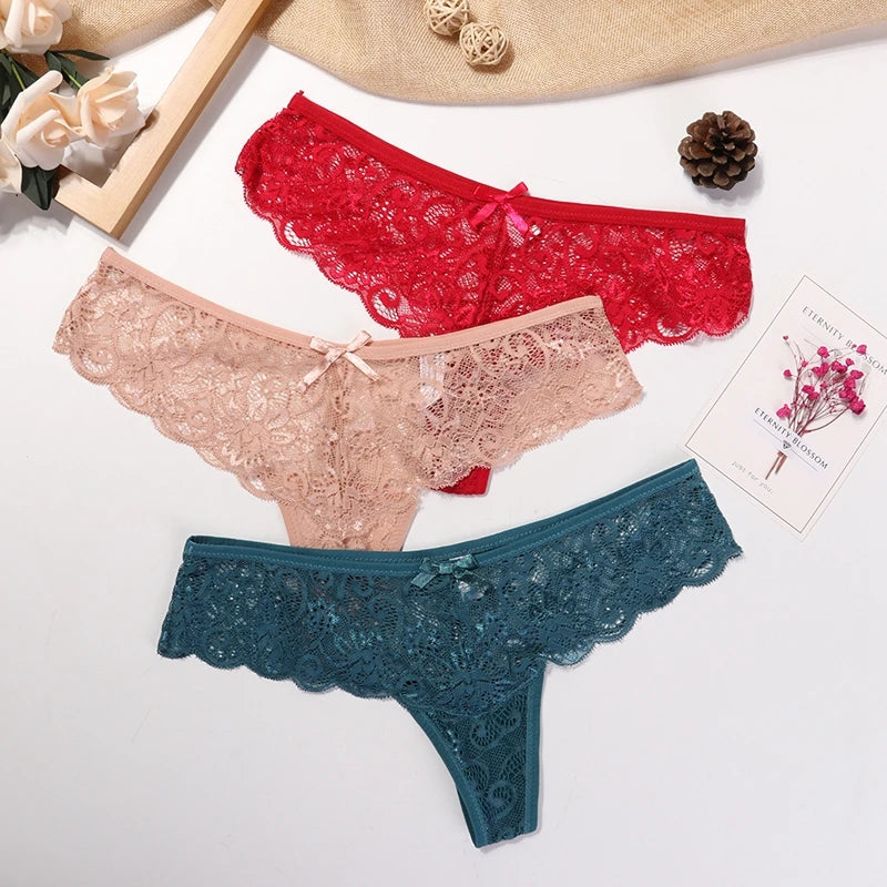 Women's Lace Thong Panties Brazilian Cut Low Waist Sexy See Through Lingerie Hollow Out Comfortable Elastic Underwear