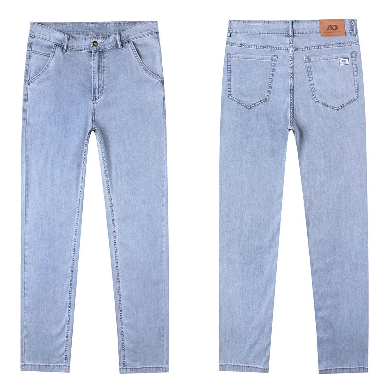 Summer Ultra-thin Men's Jeans Lyocell Soft Breathable Loose Straight Light Blue Denim Pants Business Casual Ice Silk Trousers
