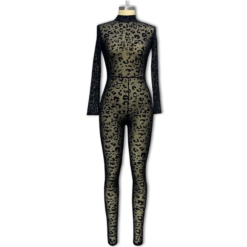 Y2k Hot Girl New Long Sleeve Bodycon Leopard Print Women Jumpsuit Sexy Sheer Mesh Bodysuits Catsuit Party Clubwear