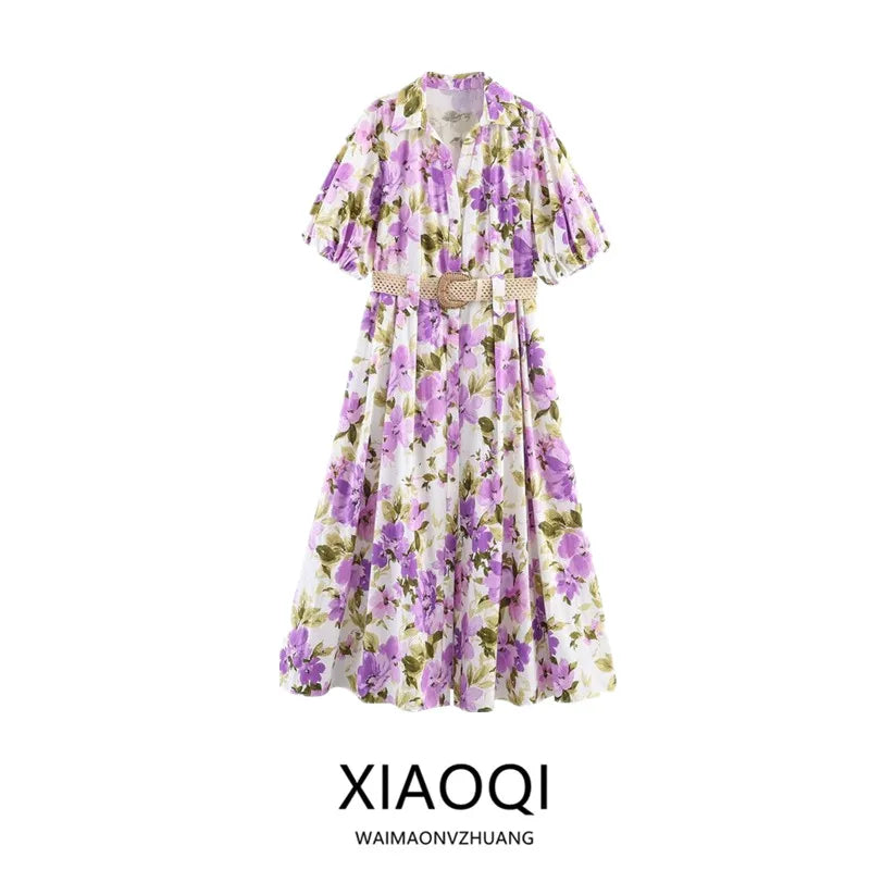 Floral Print Midi Dress with Belt Spring Summer New Style Women's Clothing Commute Style Short Sleeve Turn-down Collar A-line