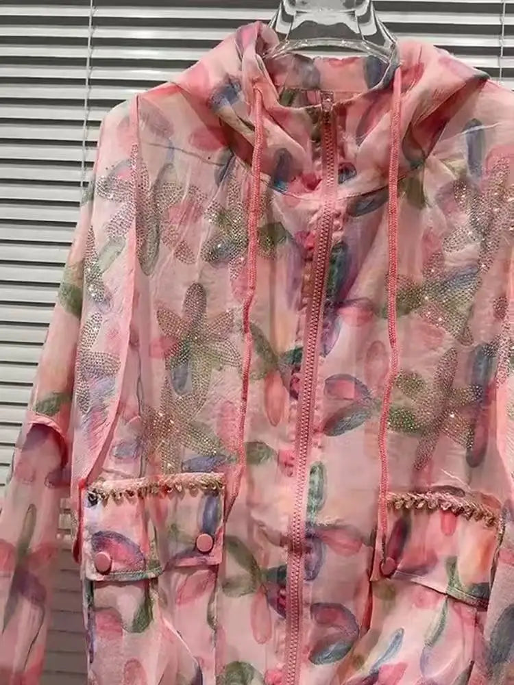 Luxury Style Sparkle Sequins Women Hooded Spring Summer Loose Casual Zipper Sunscreen Shirts Blouses Thin Outerwear Tops Clothes