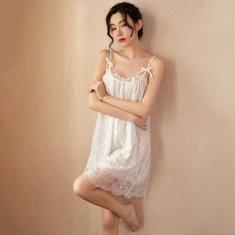 Women's Lace Trim Sling Nightdress – Sleeveless Satin-Feel Sleepwear Mini Dress