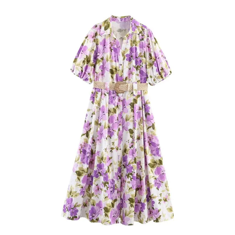Floral Print Midi Dress with Belt Spring Summer New Style Women's Clothing Commute Style Short Sleeve Turn-down Collar A-line