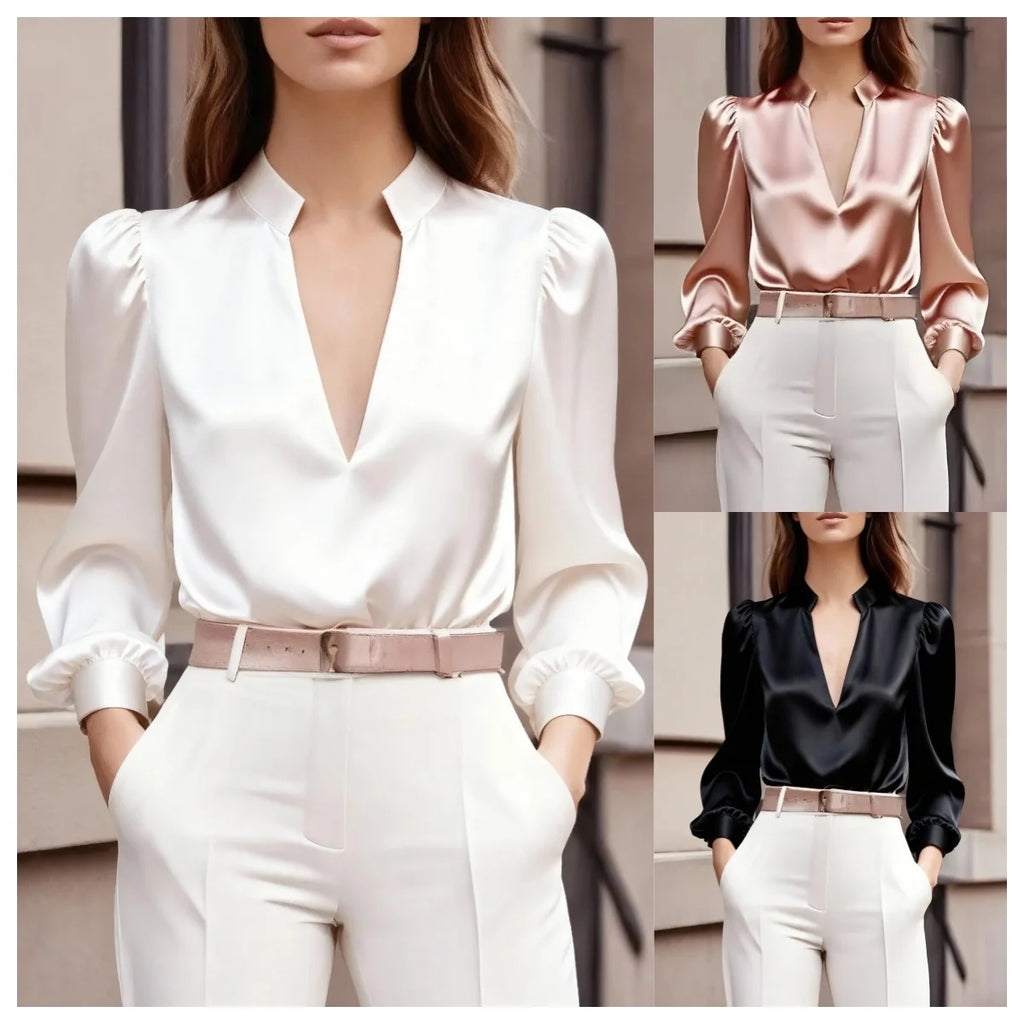 Satin-Look Puff-Sleeve V-Neck Blouse