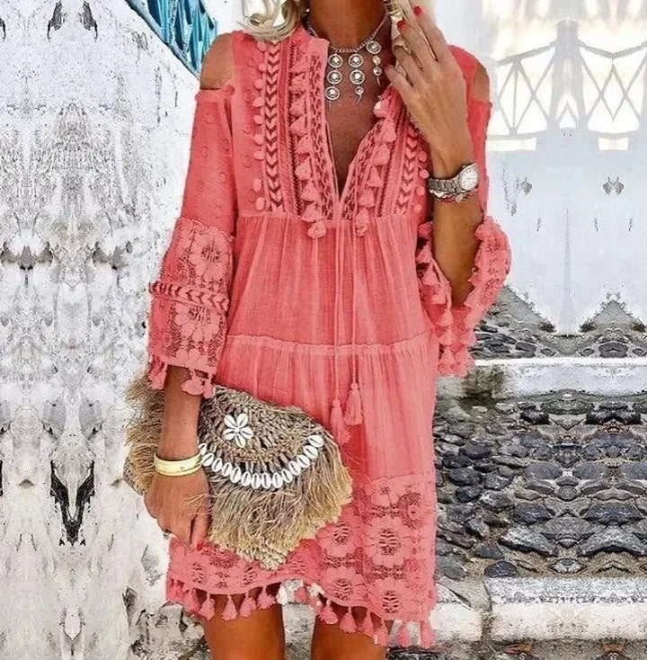 MLSJSHIQI Lace V-Neck Tassel Mini Dress — White Casual Elegant | Medium Stretch | Spring Summer